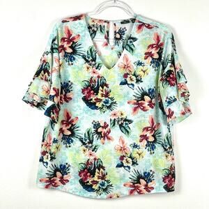 Versona Floral Print Oversized Ruffle Sleeves V-Neck Blouse Top - Small